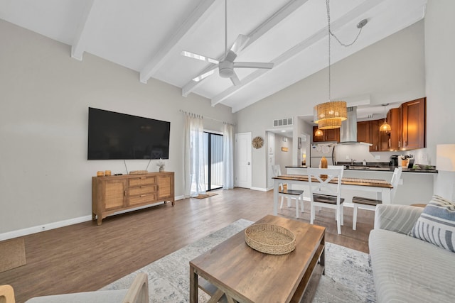 living room featuring dark hardwood / wood-style flooring, ceiling fan, sink, high vaulted ceiling, and beamed ceiling