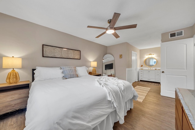 bedroom with ceiling fan and light hardwood / wood-style floors