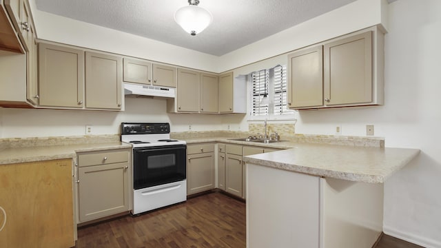 kitchen featuring range with electric cooktop, dark wood-style flooring, a peninsula, under cabinet range hood, and a sink