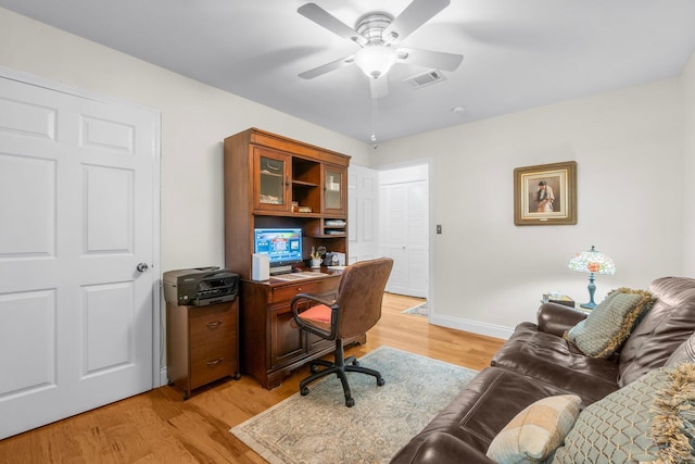 office area featuring light hardwood / wood-style floors and ceiling fan