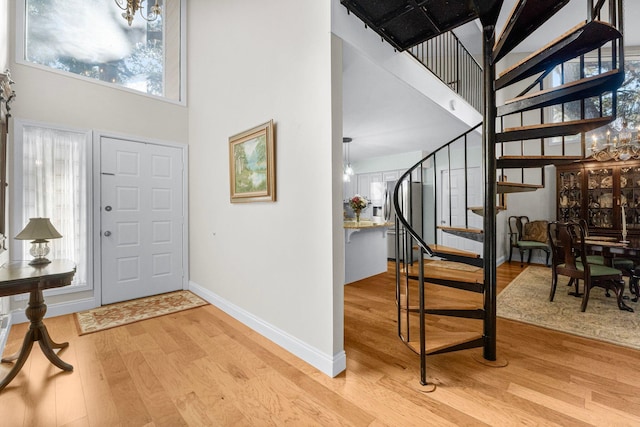 foyer with a high ceiling, light hardwood / wood-style floors, and plenty of natural light