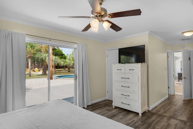 unfurnished bedroom with ceiling fan, dark hardwood / wood-style floors, access to exterior, and crown molding