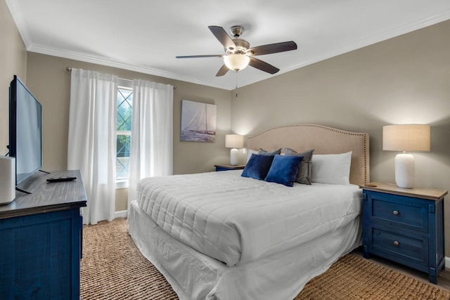 bedroom featuring ceiling fan and crown molding