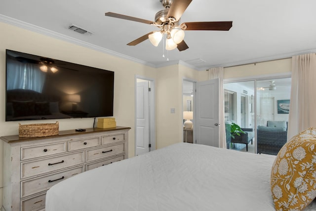 bedroom featuring ceiling fan, access to exterior, and crown molding