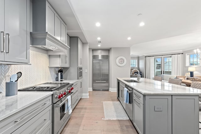 kitchen with sink, premium appliances, premium range hood, a breakfast bar area, and a center island with sink