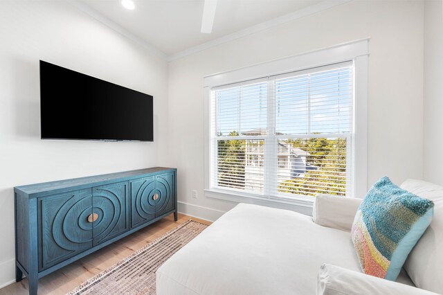 bedroom featuring light wood-type flooring, ceiling fan, and ornamental molding