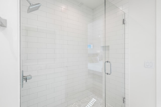 bathroom featuring a shower with door