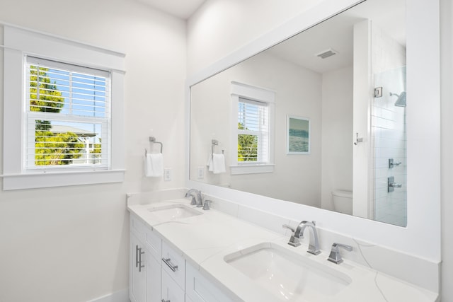 bathroom featuring vanity, toilet, a shower with shower door, and a healthy amount of sunlight