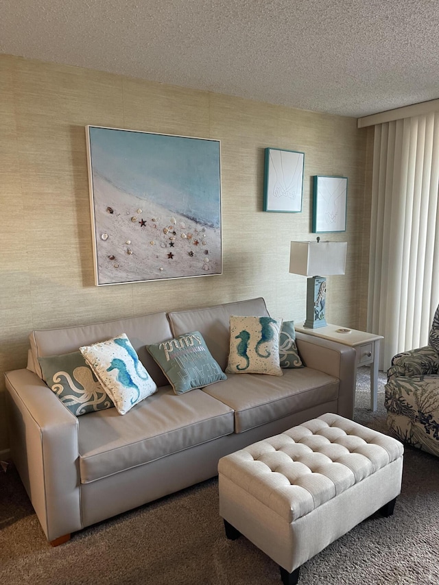 living room featuring carpet floors and a textured ceiling