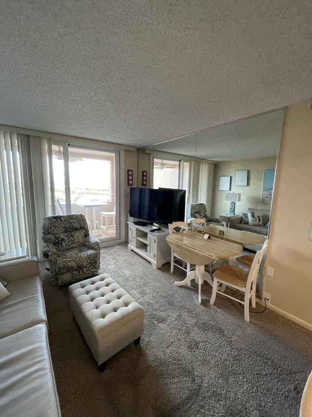 carpeted living room with a textured ceiling