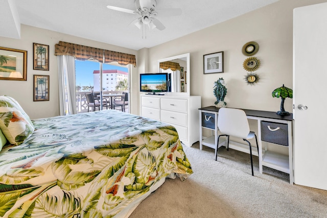 bedroom featuring ceiling fan, light colored carpet, and access to outside