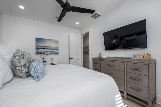 bedroom with ceiling fan and crown molding