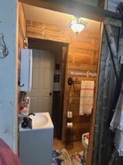 bathroom with wood walls and sink