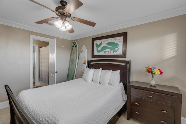 bedroom with crown molding and ceiling fan