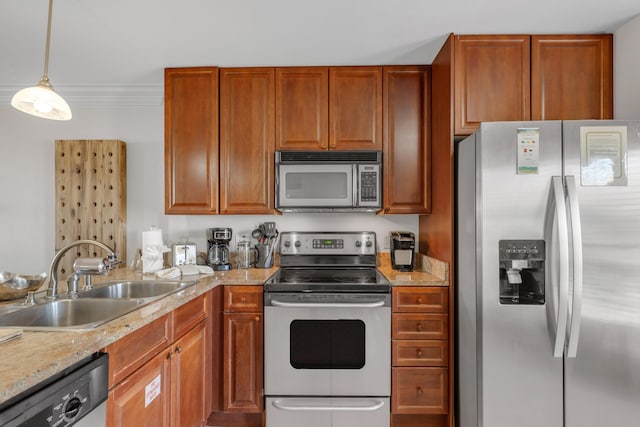 kitchen with sink, crown molding, stainless steel appliances, light stone counters, and decorative light fixtures