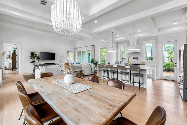 dining area featuring light hardwood / wood-style flooring, a notable chandelier, beam ceiling, coffered ceiling, and sink