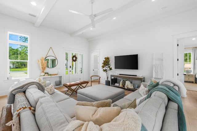 living room featuring ceiling fan, beam ceiling, and light hardwood / wood-style floors