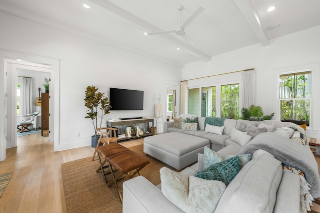 living room featuring beam ceiling, ceiling fan, and light hardwood / wood-style flooring