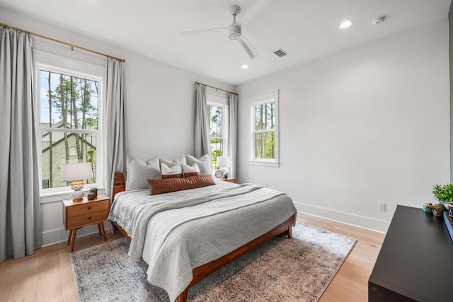 bedroom featuring ceiling fan and light wood-type flooring