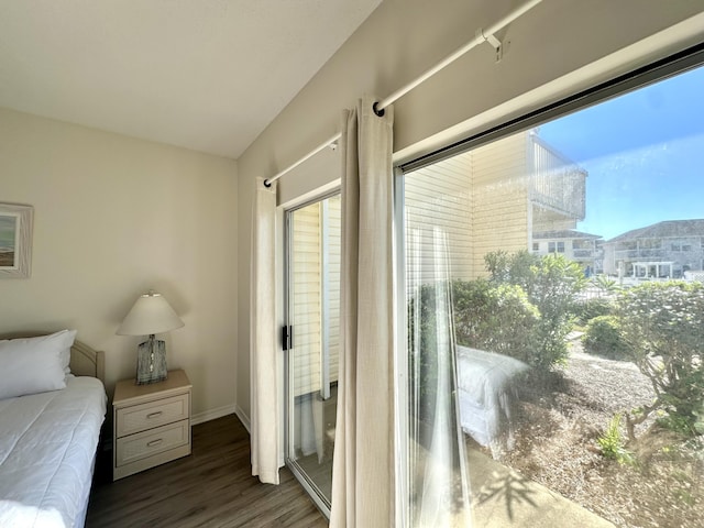 bedroom with dark hardwood / wood-style flooring and multiple windows