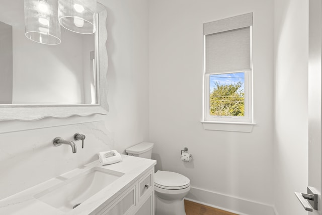 bathroom featuring vanity, hardwood / wood-style floors, and toilet