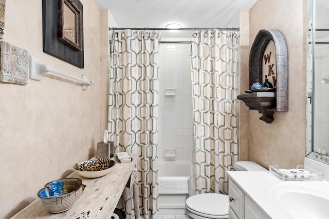 full bathroom with shower / tub combo, vanity, and toilet