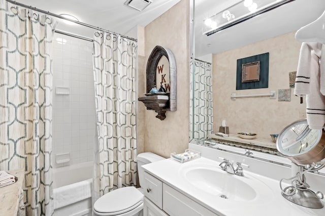 full bathroom with vanity, toilet, and shower / bath combo with shower curtain