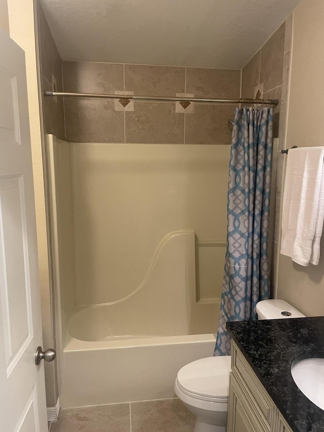 full bathroom with tile patterned flooring, vanity, toilet, and shower / tub combo with curtain