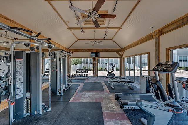 gym with ceiling fan and high vaulted ceiling