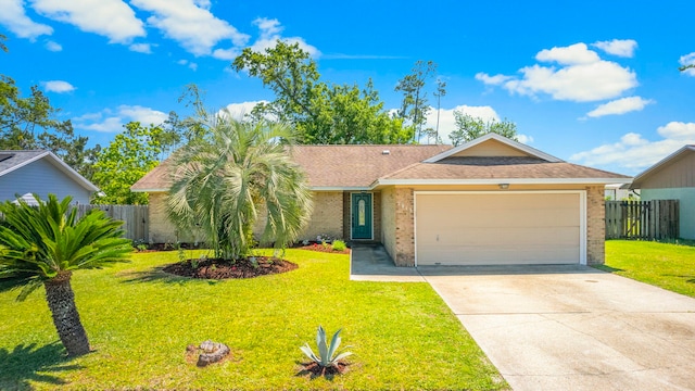 single story home featuring a garage and a front lawn