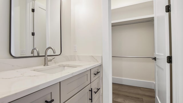 bathroom with hardwood / wood-style floors and vanity