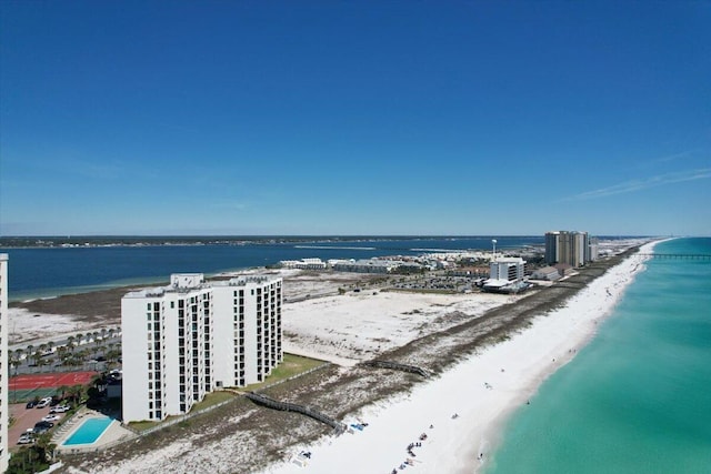 aerial view featuring a beach view and a water view