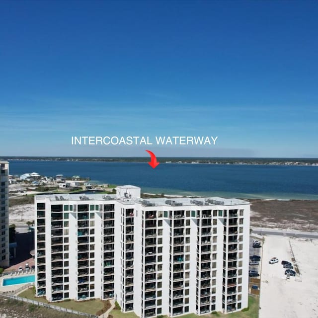 view of water feature with a beach view