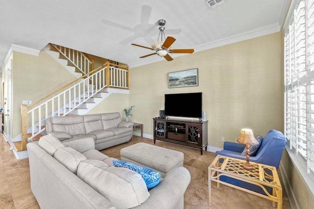 living room featuring ceiling fan and ornamental molding