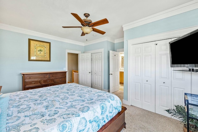 bedroom with ceiling fan, light colored carpet, and ornamental molding