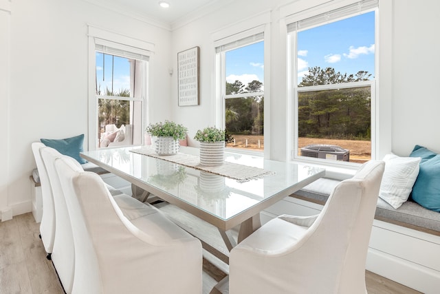 dining space with light wood-type flooring, plenty of natural light, and crown molding