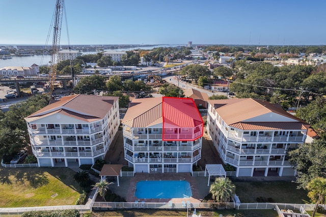 bird's eye view with a water view