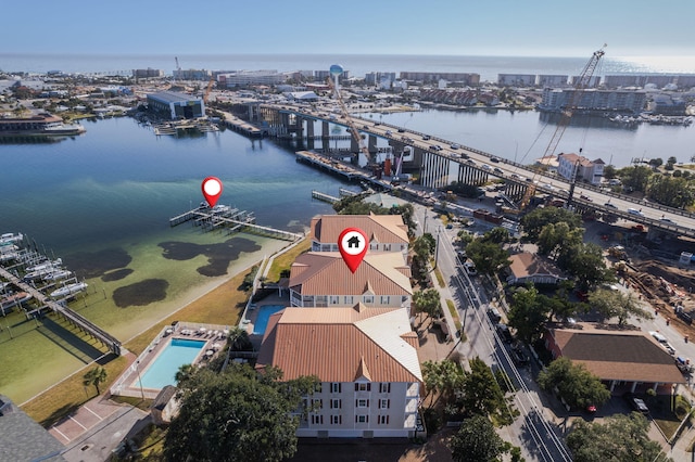 drone / aerial view with a water view