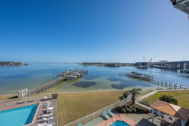 water view featuring a dock