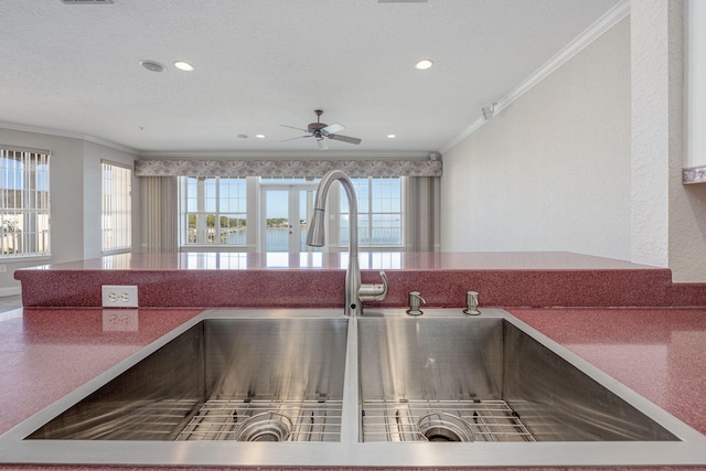 kitchen featuring a healthy amount of sunlight, a water view, ornamental molding, and sink