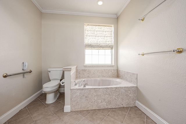 bathroom with tile patterned flooring, toilet, ornamental molding, and tiled tub