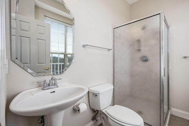 bathroom with sink, a shower with shower door, and toilet