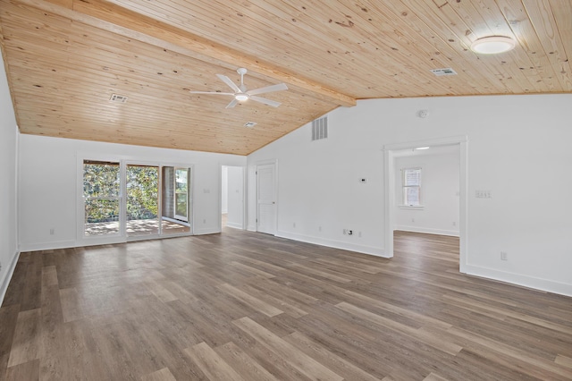 unfurnished living room featuring hardwood / wood-style floors, high vaulted ceiling, ceiling fan, beamed ceiling, and wood ceiling