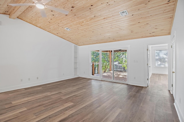 unfurnished living room featuring wood ceiling, ceiling fan, hardwood / wood-style flooring, built in features, and vaulted ceiling with beams