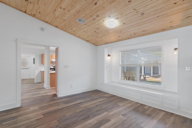 unfurnished room with wood-type flooring, wood ceiling, and vaulted ceiling