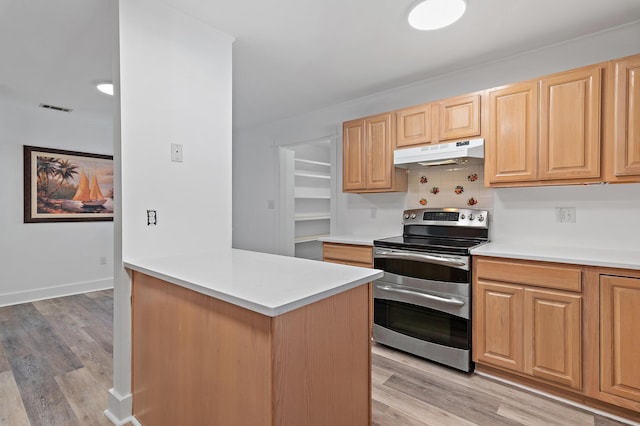 kitchen with decorative backsplash, light brown cabinets, light hardwood / wood-style floors, and stainless steel range with electric cooktop