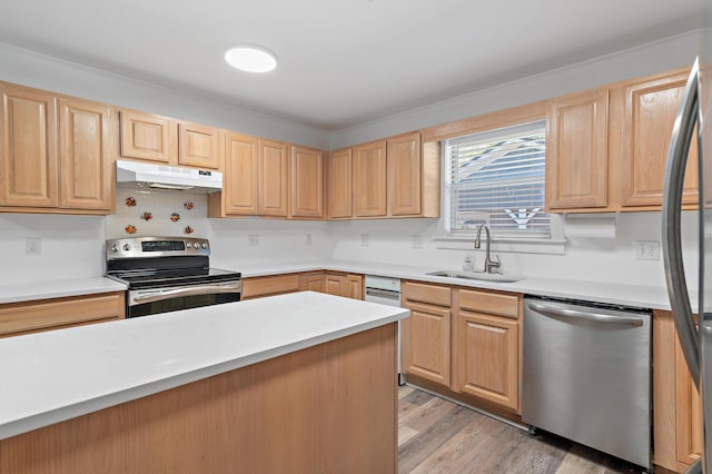 kitchen with sink, stainless steel appliances, light brown cabinetry, and light hardwood / wood-style flooring