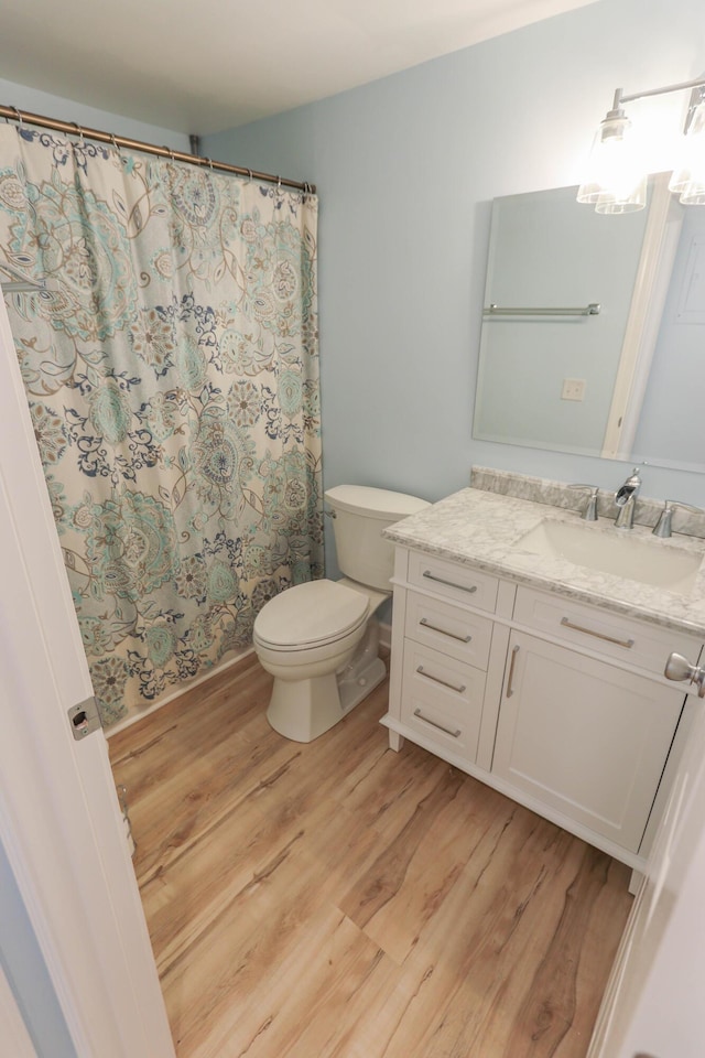 bathroom featuring vanity, hardwood / wood-style flooring, and toilet