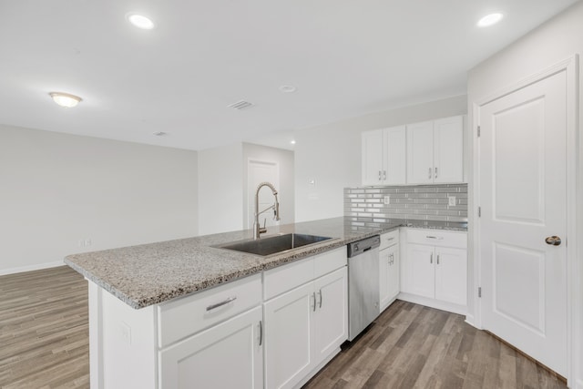 kitchen with kitchen peninsula, tasteful backsplash, sink, dishwasher, and white cabinetry