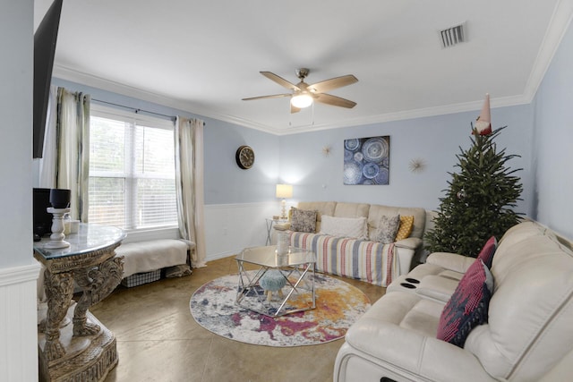 29 Santa Pine St, Santa Rosa Beach, FL 32459 - living room featuring ceiling fan and crown molding
